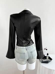 Elamini Women's New Sexy V-Neck Long Sleeve Blouse, Metal Hook Closure And Ruffle Sleeve Design. Striped Print Ruffle Sleeve Shirt, Long Sleeve Top - Black - View 2