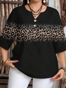 EMERY ROSE Plus Size Women Casual Leopard Print Patchwork Short Sleeve Shirt, Suitable For Summer - Multicolor - View 3