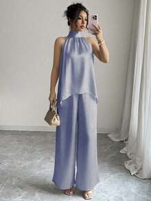 Elenzga 两件套轻盈丝滑褶皱吊带背心和高腰阔腿宽松裤套装，优雅夏季女士套装 - 藍色 - 查看 6