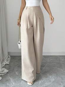 Elenzga 女士春夏优雅褶裥直筒裤，带口袋，适合外出、新年、情人节、复活节、母亲节、中东婚礼、职场、浪漫假期等场合，米色 - 杏色 - 查看 4