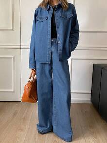 DAZY Women's Casual Pocket Shirt And Wide Leg Jeans 2-Piece Suit, Autumn - Blue - View 4