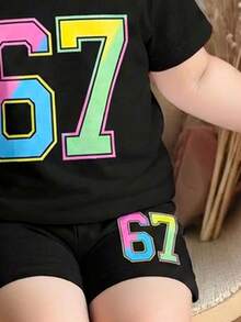 SHEIN 女婴数字印花圆领短袖T恤和短裤休闲套装 - 黑色 - 查看 5