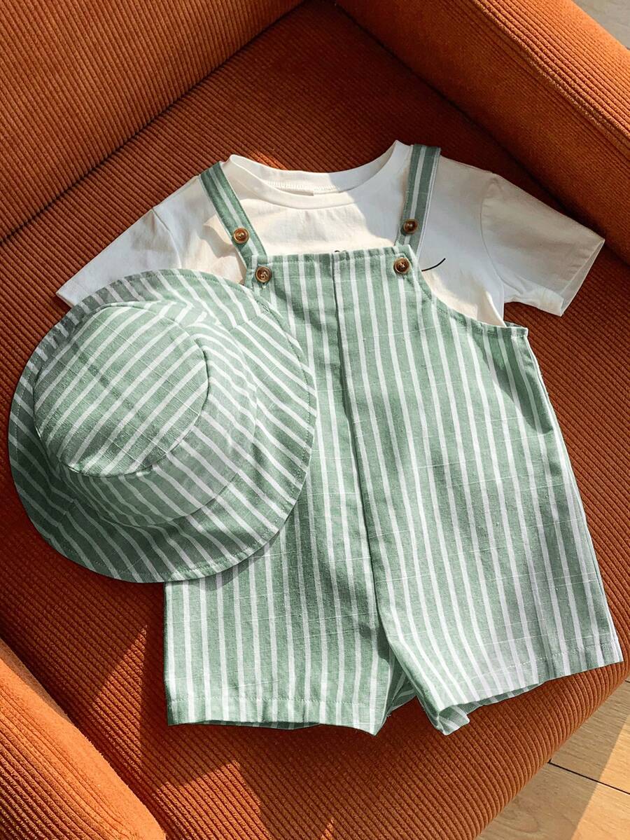SHEIN Bộ 2 món cho bé trai/bé gái, gồm yếm ăn và mũ tai bèo kẻ sọc xanh trắng, trang phục thường ngày cho ở nhà, đi chơi hoặc đi biển. - Nhiều màu - Xem 1