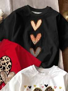 SHEIN 3pcs Young Girl Casual Cute Leopard Print & Heart Graphic Short Sleeve Basic T-Shirt, Suitable For Spring/Summer Casual Everyday Wear - Multicolor - View 5