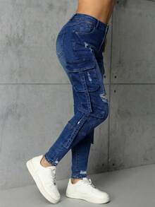 SHEIN Quần jeans skinny nữ kiểu dáng rách, buộc dây và cài nút, phong cách thường ngày, thích hợp mặc hàng ngày. - Rửa tối - Xem 5