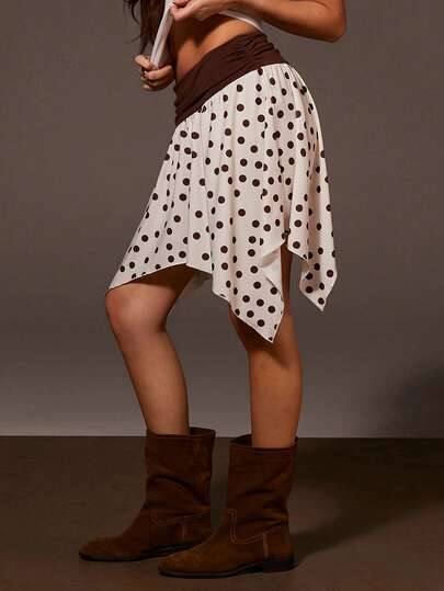 Athîral Women's Casual Asymmetrical Brown Polka Dot Skirt, Coffee Colored Skirt, Polka Dot Skirt, Music Festival Outfit, Outdoor Outfit, Date Party Outfit, Relaxed Outfit, Elastic Knitted Soft Fabric,Summer Wear