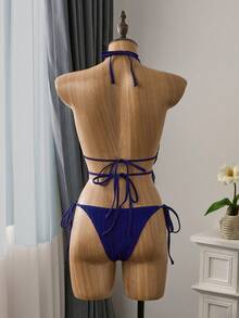 Bellisia 女士花卉蕾丝网纱串珠露背撞色系带吊带背心式泳衣套装，适合春夏度假穿着 - 藏蓝色 - 查看 2