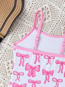 女童连体泳衣，肩带可调节，蝴蝶花卉图案，黑色 - 淺粉色 - 查看 4