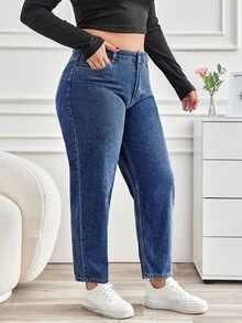 Plus Size Casual Commuter Washed Tapered Jeans - Dark Wash - View 5