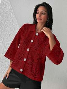 EURMUSE Women's Solid Color Long Sleeve Sweater, Fashionable For Spring & Autumn - Red - View 5