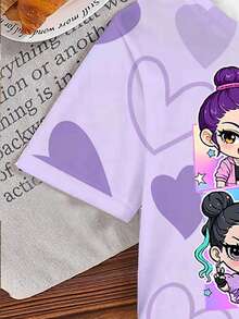 1件装 少女可爱韩流女团紫色爱心印花宽松休闲上衣，适合春、夏、秋、冬穿着，是送给女孩的绝佳情人节礼物 - 淡紫色 - 查看 5