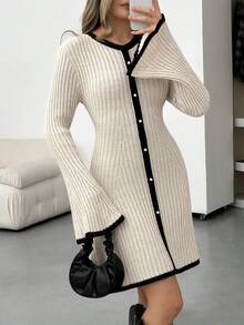 EURMUSE Beige Contrast Black Trim Rib Knit Flared Sleeve Sweater Dress With Button Front And Fit And Flare Silhouette For Women - Beige - View 6