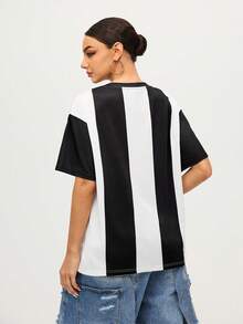 MTV | SHEIN 女士休闲运动时尚街头字母印花撞色落肩宽松T恤，夏季女士图案T恤街头服饰上衣复古T恤女士俱乐部上衣 - 黑與白 - 查看 2