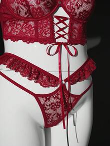 Seduluxe Bộ đồ lót gợi cảm cỡ lớn 2 món: Áo corset có gọng phối ren và quần lót ren viền xếp nếp. - Màu Đỏ Sâu - Xem 8