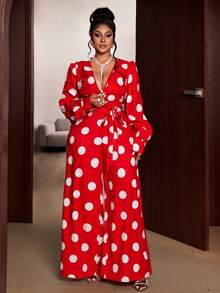 Maweii 大码女士优雅派对深V领系腰波点连体裤