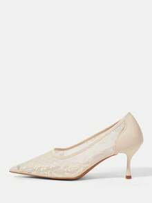 CUCCOO HITCHD Women's Mid Heel Pointed Toe Pumps, Party Shoes Valentine's Day Elegant Shoes - Mesh apricot - View 2