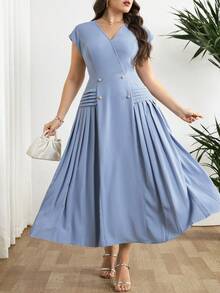 Modelyn Plus Size Elegant Solid Color Pleated Dress, Summer - Blue - View 5