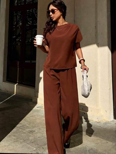 Pariaura Women's Elegant Brown 2 Pieces Set, Brown Pants And Brown Shirt, Suitable For Spring, Summer, Autumn, Work, Commute, Casual Wear