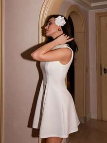 Bris Aura Women's Solid Color Date Night A-Line Sleeveless Waist Fitted Elegant Dress, Autumn,Summer Dresses For Women,Tea Party Dress,White Graduation Dress - White - View 3