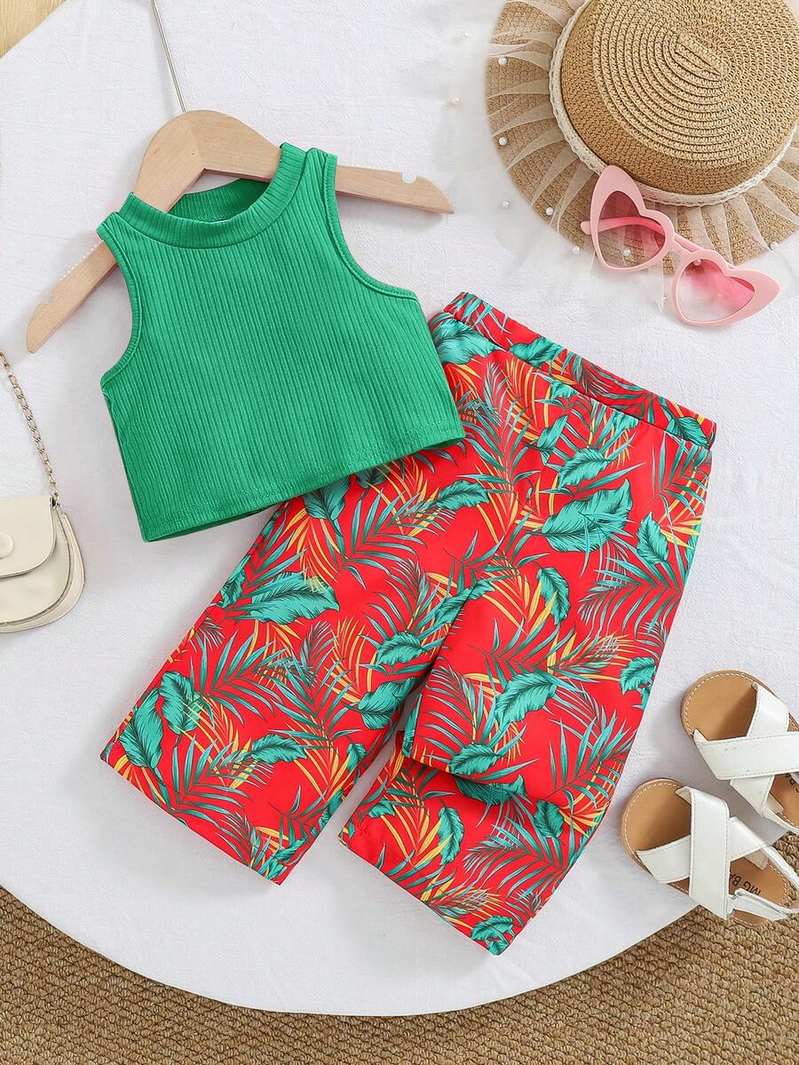 Travachic KIDS Baby Girl Summer Cute Vacation Knit Green Camisole Floral Pattern Pants Set - Multicolor - View 1