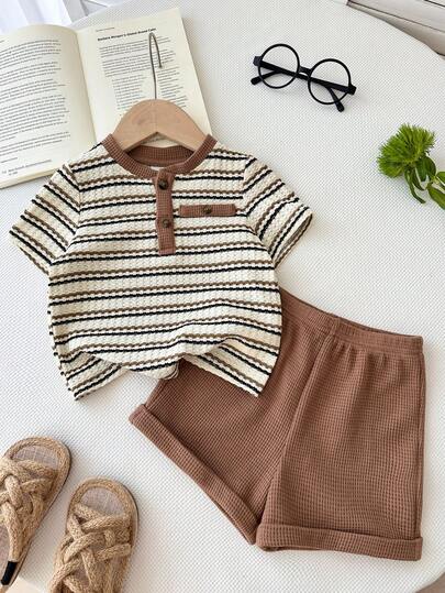 LMoss Kids 2pcs Baby Boy Knit Contrast Color Casual T-Shirt And Shorts Set