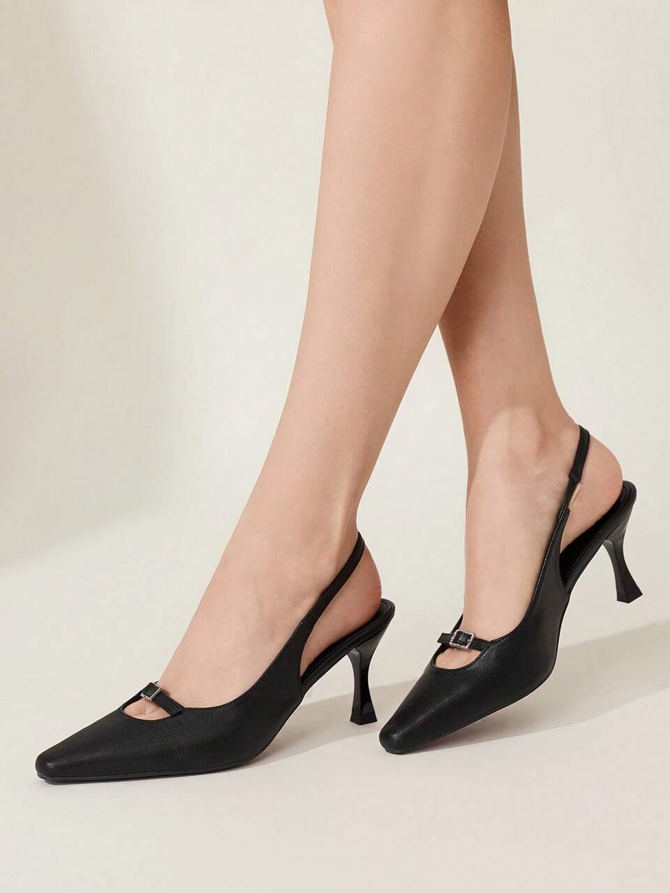 CUCCOO CHICEST Women's Outdoor Round Toe Stiletto Buckle Decor PU Leather Shoes, Fashionable Minimalist Comfortable For Daily, Party, Banquet, Slip-On Backless Pumps Elegant Shoes Wedding Shoes