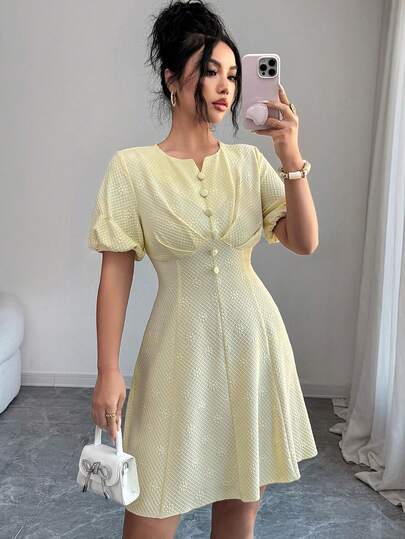 Modelyn Women's Elegant Jacquard Keyhole Neck Puff Sleeve Waist Cinched Midi Dress, Summer