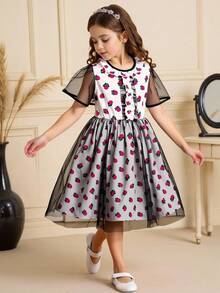 Young Girls Apricot Floral Lace Contrast Mesh Puff Sleeve Ditsy Floral Waist Cinched Mesh Dress, Summer Children Princess Dress Grey Dresses For Girls Floral Mesh Dress For Girls Cherry Dress Kids Kids Brunch Dresses Kids Arabic Dress