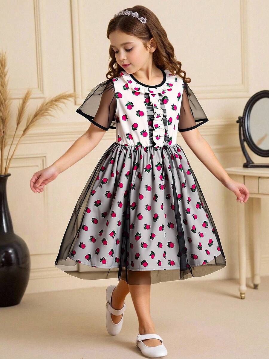 Young Girls Apricot Floral Lace Contrast Mesh Puff Sleeve Ditsy Floral Waist Cinched Mesh Dress, Summer Children Princess Dress Grey Dresses For Girls Floral Mesh Dress For Girls Cherry Dress Kids Kids Brunch Dresses Kids Arabic Dress