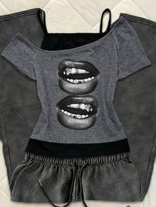 Attitoon Casual Vintage Punk Y2K Versatile Party Airport, Comfortable Contrast Color Spaghetti Strap Short Sleeve T-Shirt For Women, Suitable For Spring/Summer - Multicolor - View 6