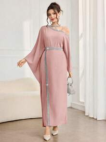 Al Najma Women's Elegant Arabic Style Asymmetric Neck Long Sleeve Split Hem Dress With Ribbon Trim - Baby Pink - View 5