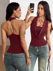 Coolane 女士秋冬街头风复古时尚文艺复兴集市西部牛仔装Y2K辣妹风垂褶领修身露背串珠吊带上衣 - 酒紅色 - 查看 1