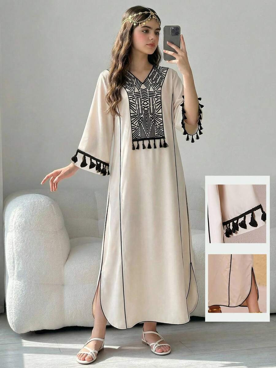 Một chiếc váy truyền thống Ả Rập với họa tiết dành cho bé gái tuổi teen và đường viền đen nhỏ cổ điển, mang phong cách áo choàng Trung Đông, vừa thoải mái, thời trang, thanh lịch và ngọt ngào. Phù hợp cho mùa hè, mặc hàng ngày và các lễ hội, cũng như các lễ hội Trung Đông. - Nhiều màu - Xem 1