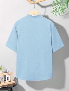 SHEIN Teen Boys' Solid Color Single-Breasted Short Sleeve Textured Casual Shirt, Comfortable And Fashionable For Summer, Suitable For Casual, School, Travel, And Beach Vacation Light Blue Shirt Short Sleeve Shirt Mandarin Collar Shirt - Baby Blue - View 5