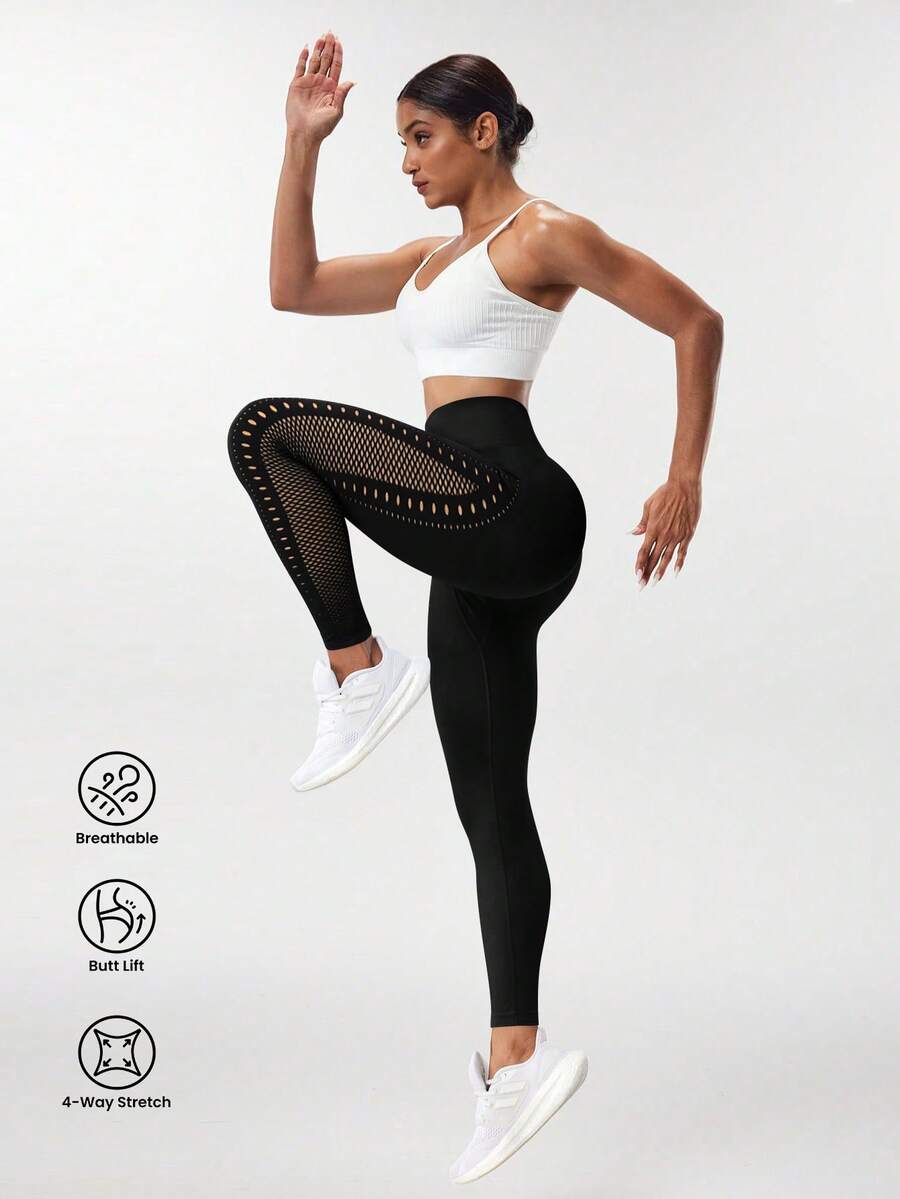 Gameset SHEIN Sport Legging Yoga Jala Elastis Bernapas untuk Wanita - Hitam - View 1