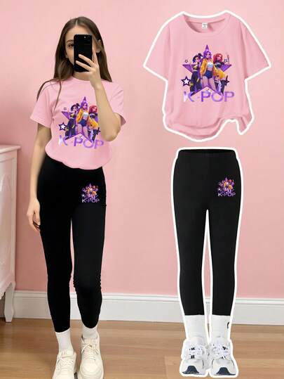 2pcs/Set KPOP Graphic Print Top, Tween Girl Crew Neck Sweatshirt And Leggings Set, Fashionable Casual, Suitable For Autumn/Winte