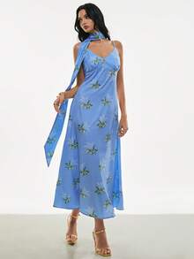 Poéselle 女士度假风印花浪漫吊带裙 - 藍色 - 查看 5