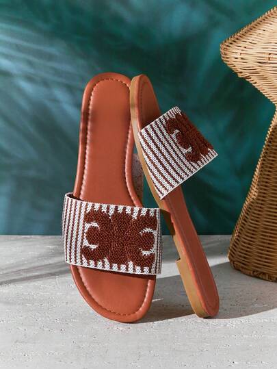 SHUZIA Women's Elegant Embroidery Upper Slip-On Flat Sandals