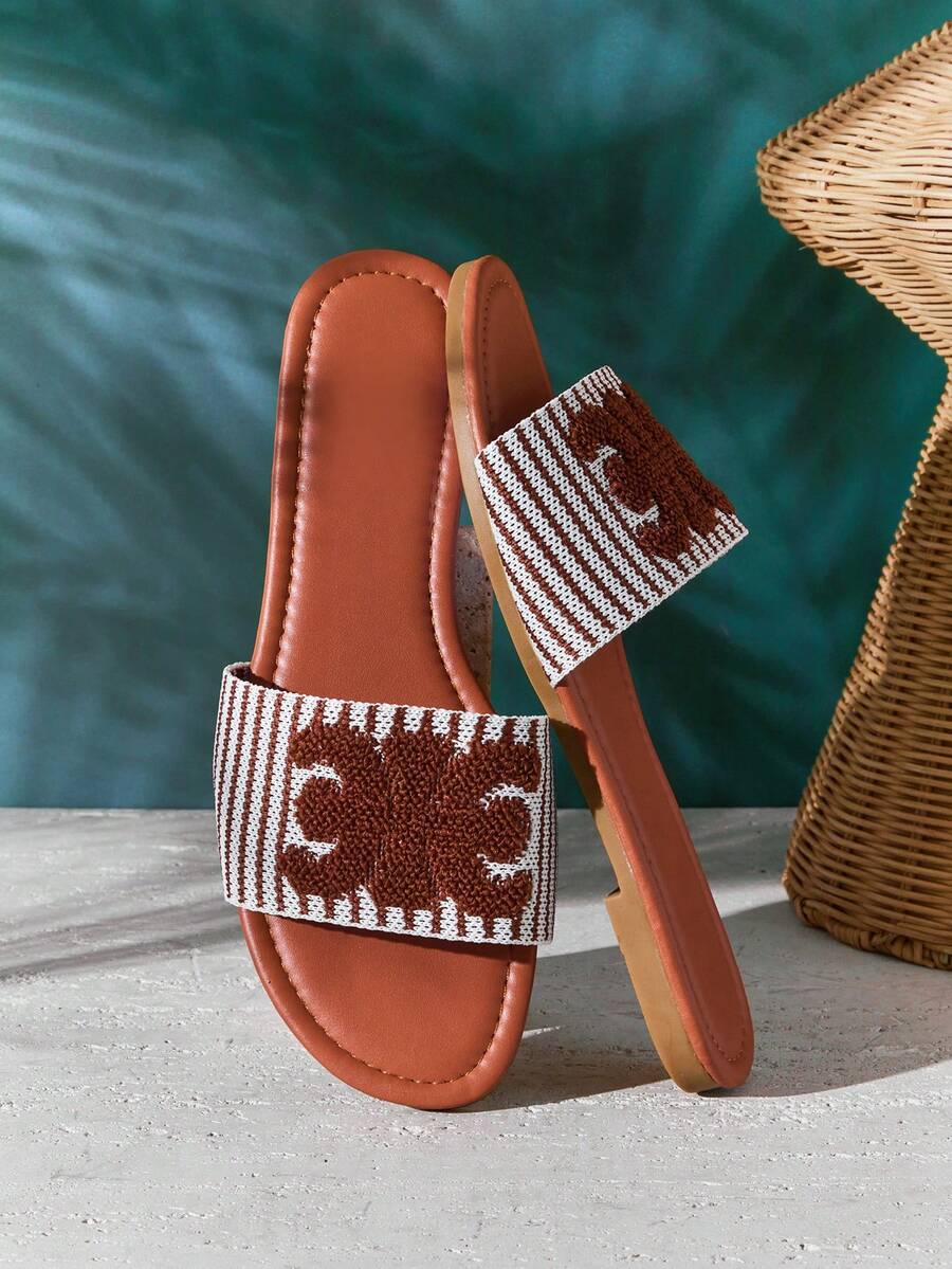 SHUZIA Women's Elegant Embroidery Upper Slip-On Flat Sandals - Beige - View 1