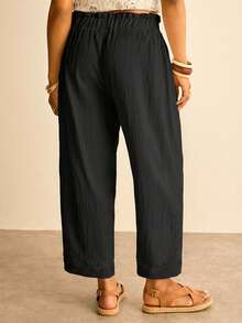 Freevana Plus Size Women's Solid Color Waist Tie Straight Leg Casual Pants - Black - View 2