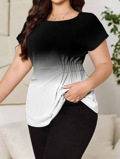 Reflora Plus Size Women's Gradient Print Casual Solid Color Batwing Sleeve Shirred Waist Blouse, Summer Spring