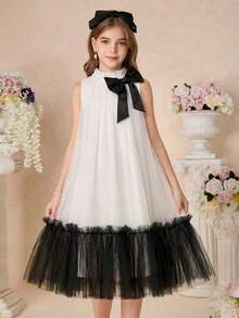 Serisse Kids Vestido de línea A sin mangas con cuello alto, decoración de perlas y contraste blanco y negro elegante para niña preadolescente - Blanco y Negro - Ver 5