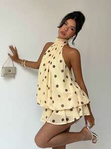 Aloruh 女士优雅浅黄色吊带系带迷你连衣裙 - 彩色 - 查看 8