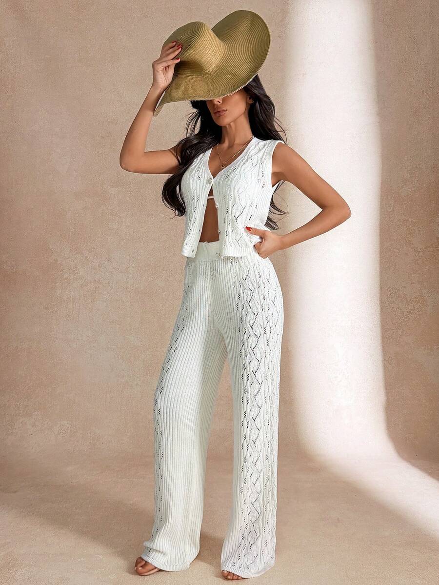 EURMUSE Seductive Pointelle Knit Button-Front Crop Top & Knit Pant Beachwear Cover Up Set - Apricot - View 1