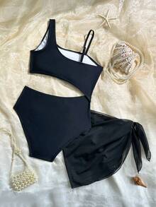 SHEIN 2件套少女撞色连体泳衣,弹力速干舒适针织面料,适合海滩、泳池、冲浪、度假、夏季旅行 - 黑與白 - 查看 3