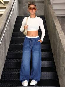 SHEIN Teenager Mädchen Y2K Herbst Blaue & Weiße Lässige Gestreifte Weite Bein Jeans Hose, Mit Kontrastierendem Bund Und 2-in-1 Design - Mittele Waschung - Übersicht 4