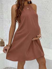 SHEIN Rochie de maternitate casual, cu imprimeu halter, la modă, în culoare solidă - Lemn rosu - Vizualizare 4