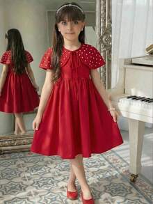 Tween Girl Elegant Bow & Pearl Decor Cropped Top & Square Neck Dress Set Red Dress - Red - View 2