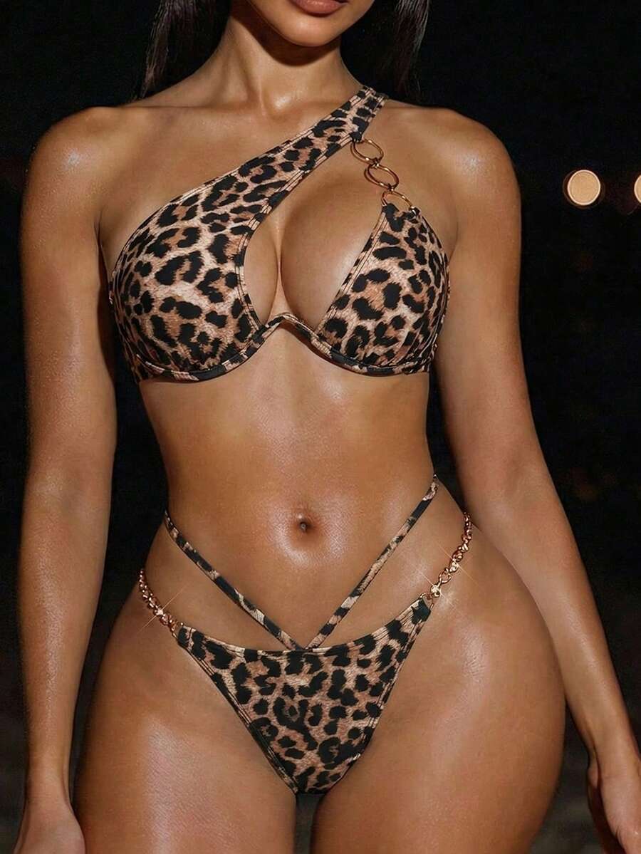 Swim SXY Bộ bikini mùa hè dành cho nữ, họa tiết da báo, kiểu dáng gợi cảm, cổ yếm, có móc kim loại. - Nhiều màu - Xem 1