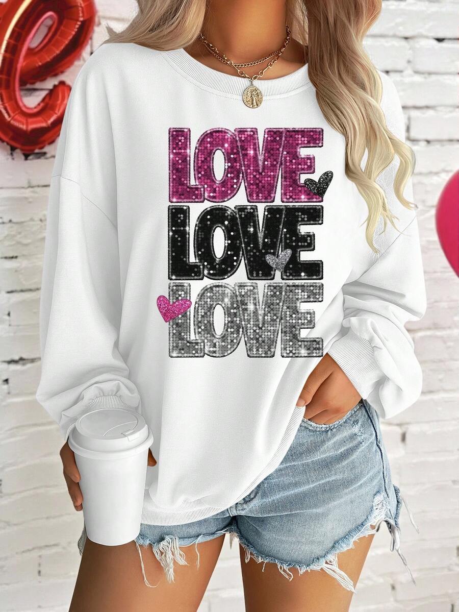 亮面“LOVE”印花女式卫衣,适合秋冬季情人节穿着,街头时尚单品,日常百搭,新年假期、度假和居家休闲穿着皆宜。 - 白色 - 查看 1